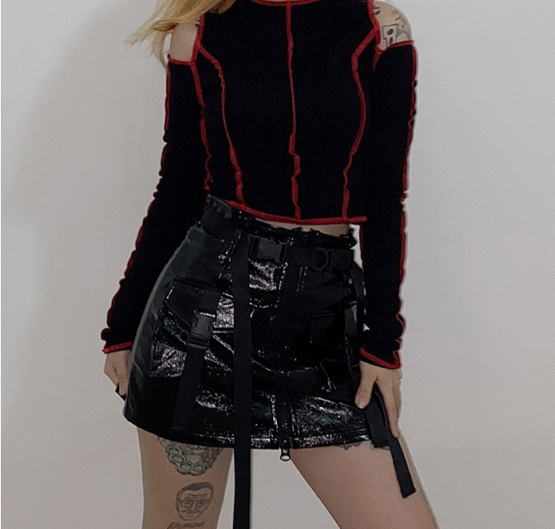 Women's Gothic Grunge Crop T-Shirt with Cutout Patchwork