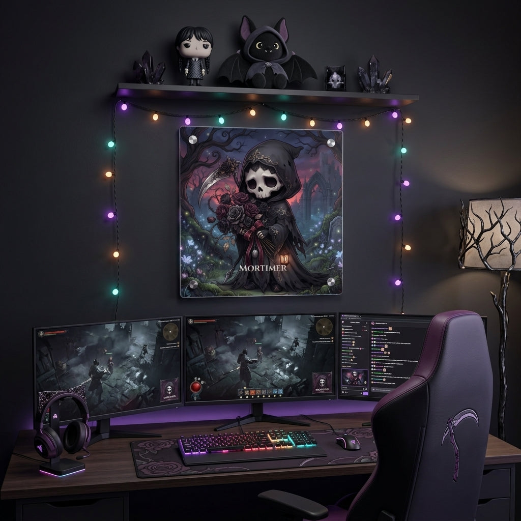 Mortimer Chibi Grim Reaper Acrylic Wall Art Panel — Cute Gothic Skull Decor | Spooky Wall Art