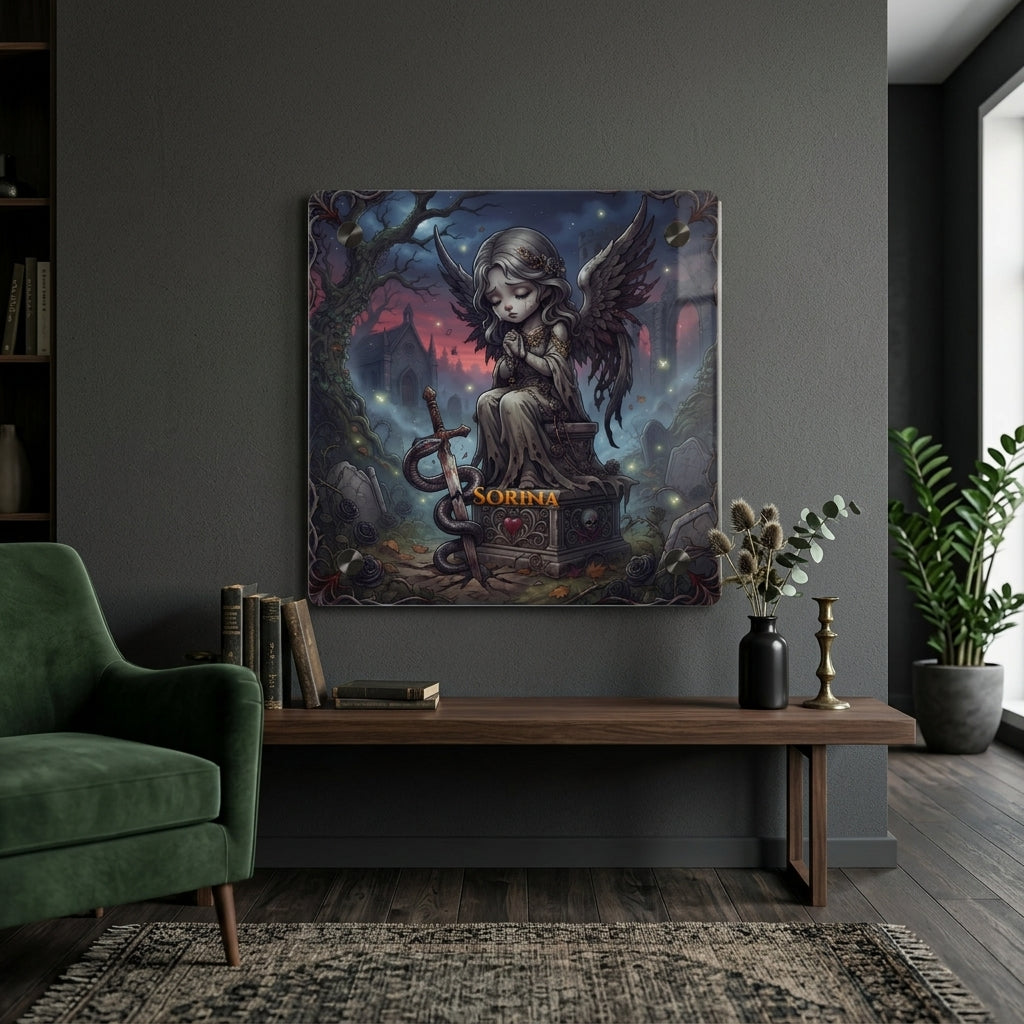 SORINA Gothic Angel Acrylic Wall Art Panel — Mourning Angel Graveyard Decor | Dark Fantasy Wall Art