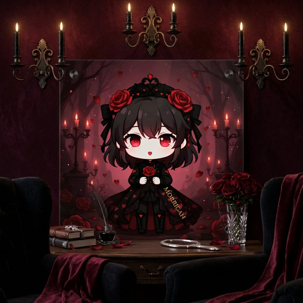 MORRIGAN Gothic Rose Chibi Acrylic Wall Art Panel — Dark Kawaii Vampire Girl Decor | Gothic Wall Art