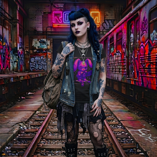 Creepy Purple Bunny T-Shirt — Dark Aesthetic Graphic Tee | Alt Fashion Horror Shirt Unisex