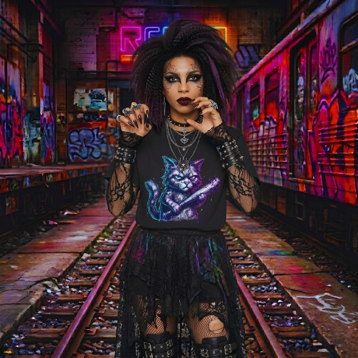 The Alley Cat Graphic Tee — Neon Grunge Cat Unisex Shirt | Alt Aesthetic Cat Lover Clothing