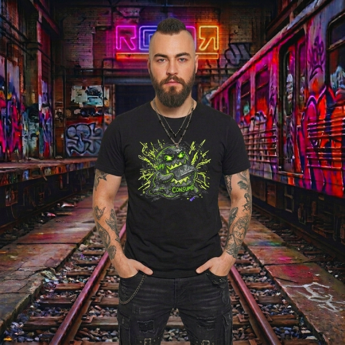 Glitch Monster “Consume” Graphic Tee — Horror Alt Fashion Shirt | Dark Aesthetic Unisex Top