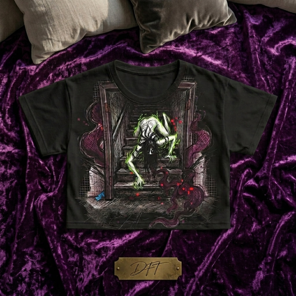 Dark Fantasy Crawler Gothic Crop Tee — Alt Fashion Cropped Shirt | Spooky Cute Graphic Top