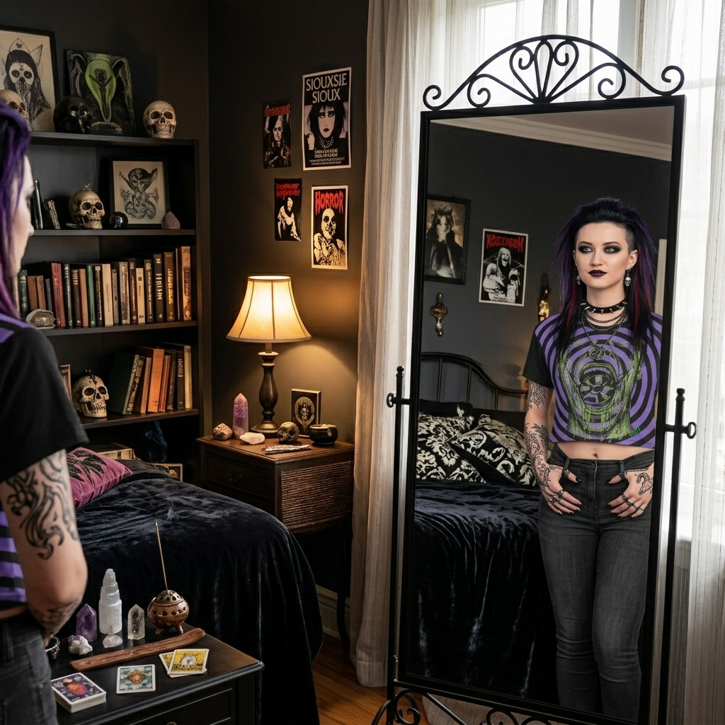 A person with purple hair and tattoos stands in a dark bedroom, looking at their reflection in a tall black metal freestanding mirror. They are wearing a purple and black striped graphic crop top with a green skull design and dark gray jeans.