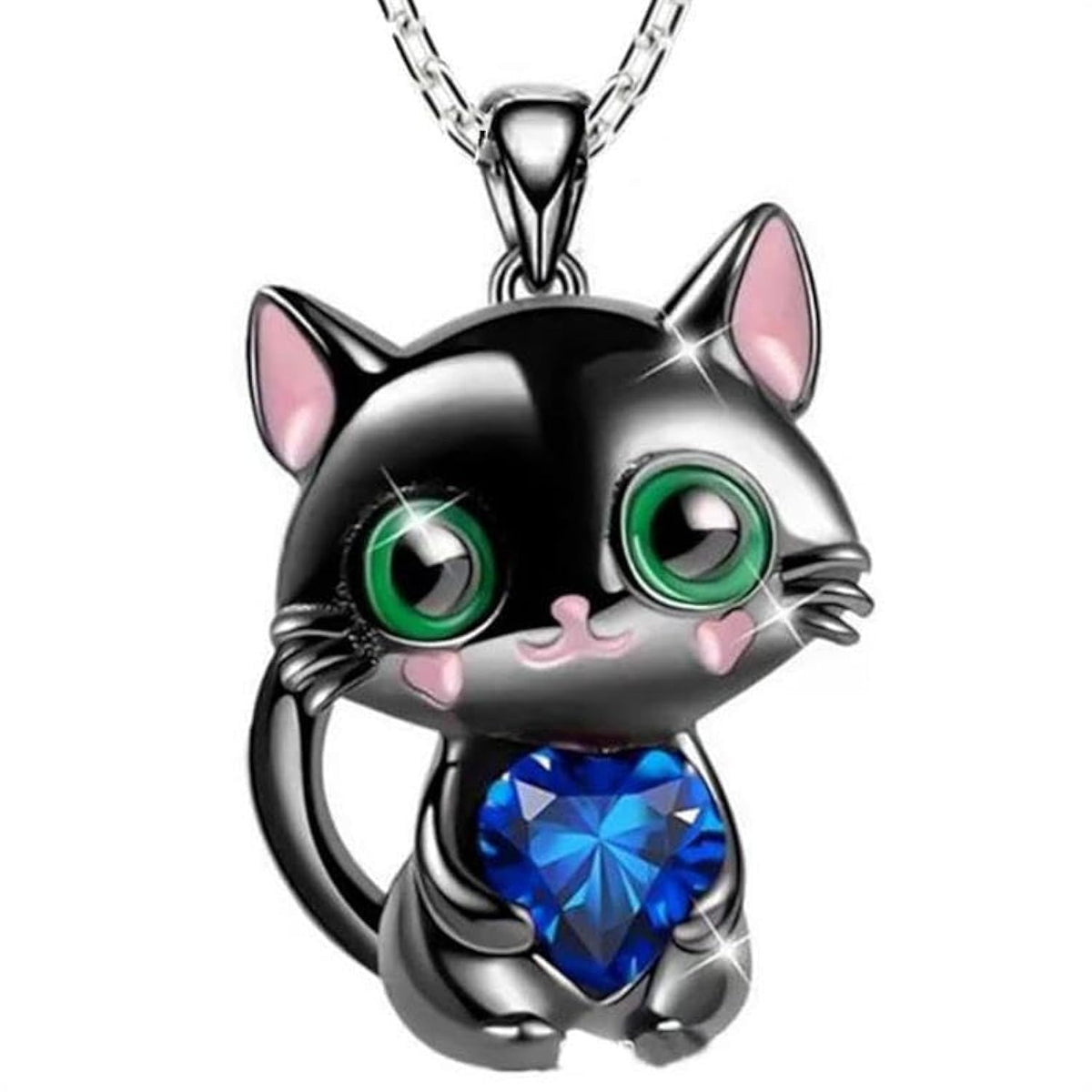 CASOLVXBlack Cat Necklace Cute Cat Necklace Rhinestone Heart Necklace Cat Heart Necklace Jewelry for Women Cats Pet Lovers (Blue)