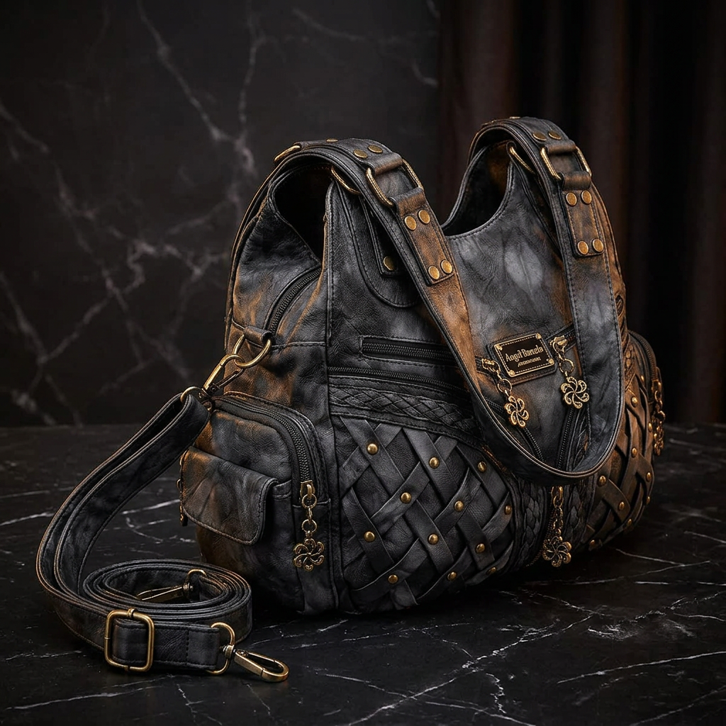 Angel Barcelo distressed dark gothic hobo shoulder bag with woven leather panels, antique brass studs and charm zipper pulls, side angle view showing removable crossbody strap and multiple zip pockets on black marble surface — dark aesthetic alt fashion handbag — Shadow Realm Supply