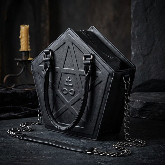 Gothic black faux leather pentagram handbag with Leviathan cross embossed detail, dual top handles and gunmetal chain strap, side angle view in moody candlelit gothic stone setting — dark aesthetic alt fashion bag — Shadow Realm Supply