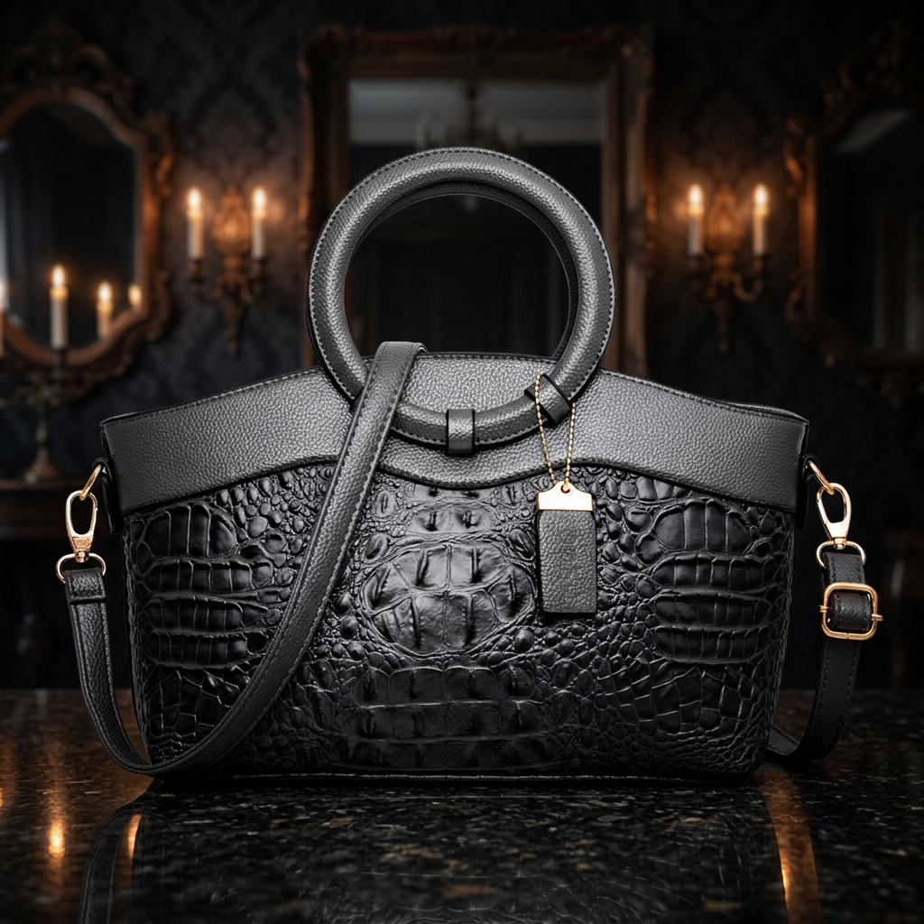 Gothic crocodile embossed structured handbag in glossy black with circular ring handle and gold hardware, displayed on black marble surface in candlelit gothic room with multiple ornate mirrors — Shadow Realm Supply