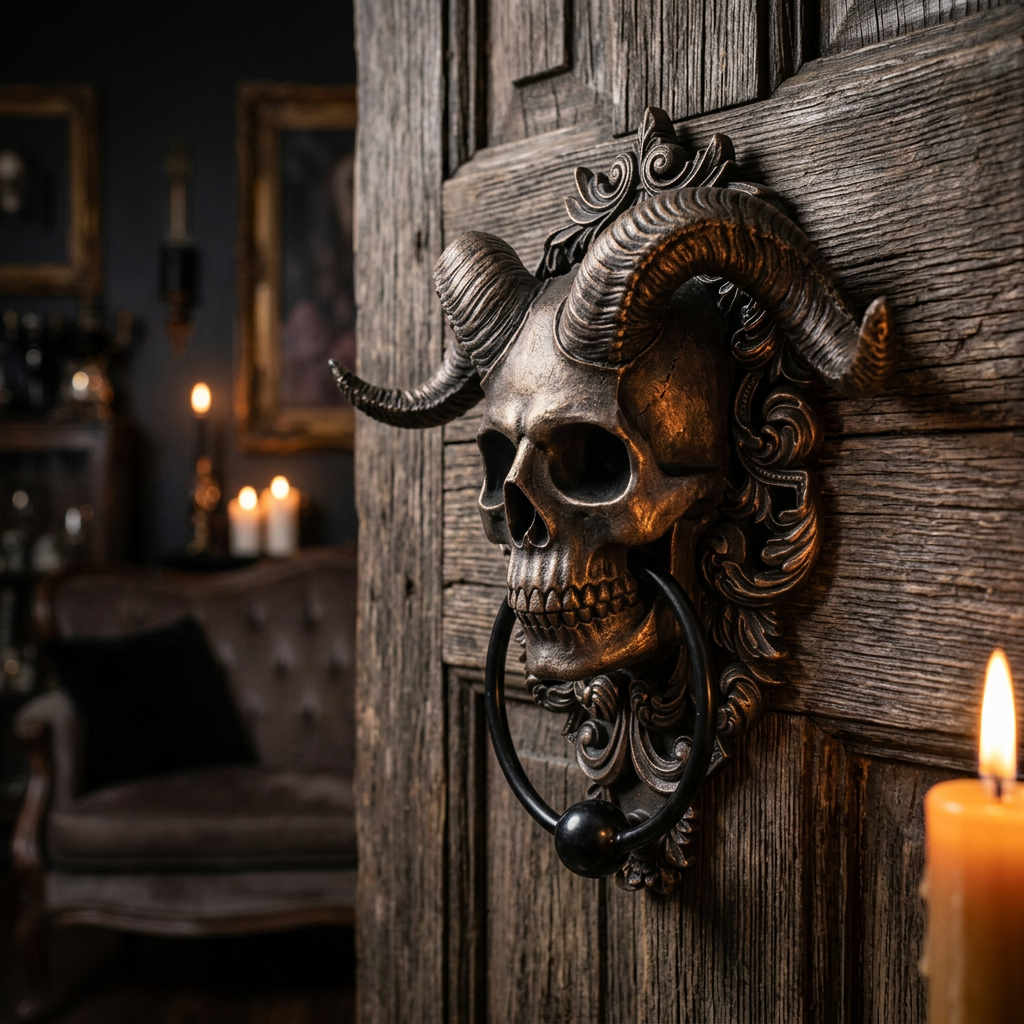Gothic demon skull door knocker with ram horns and ornate bronze finish mounted on rustic weathered wood door, candlelit gothic interior visible in background — Shadow Realm Supply