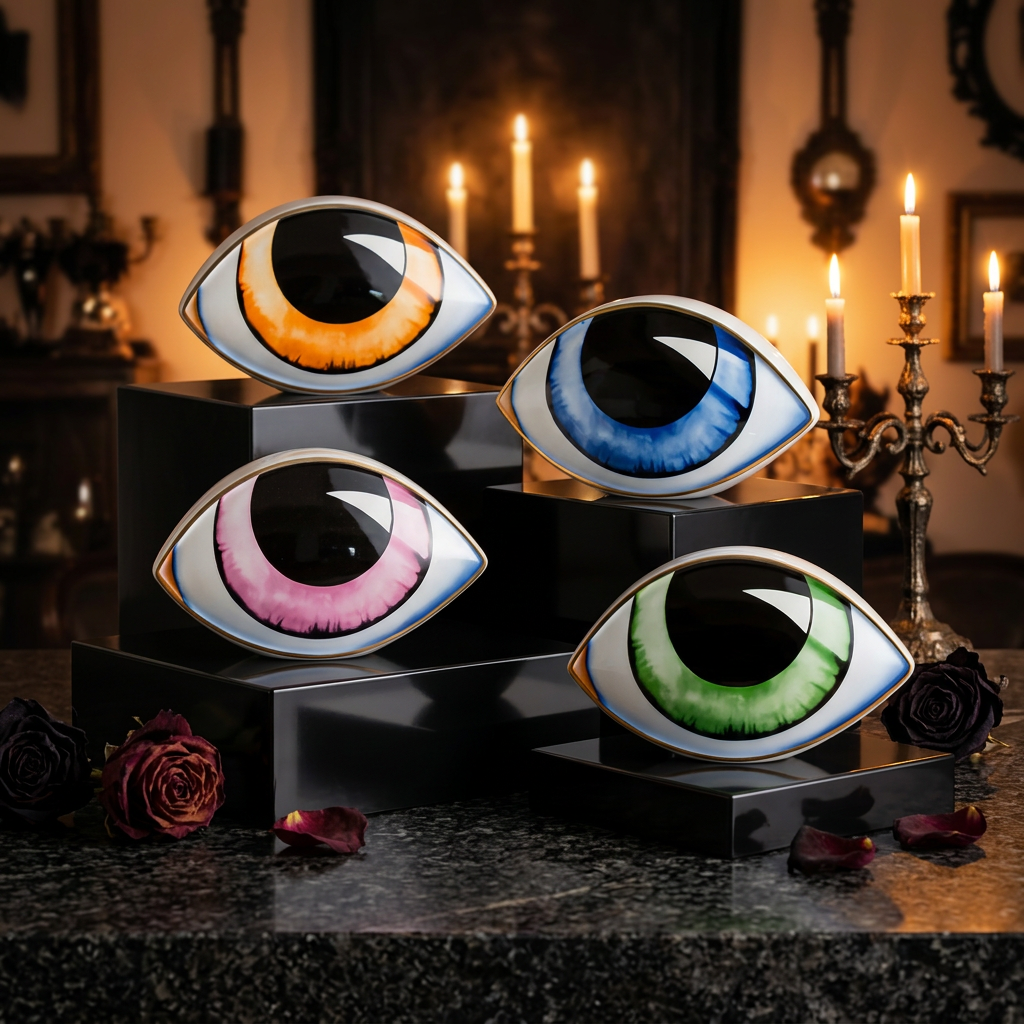 Gothic evil eye decor sculpture set in orange, blue, pink, and green with gold trim, displayed on tiered black pedestals with black roses, dried petals, and silver candelabra in candlelit gothic interior — Shadow Realm Supply
