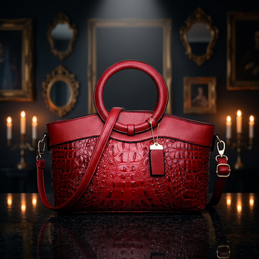 Gothic crocodile embossed structured handbag in deep red with circular ring handle and gold hardware, displayed on black marble surface in candlelit gothic room with ornate gold mirrors — Shadow Realm Supply