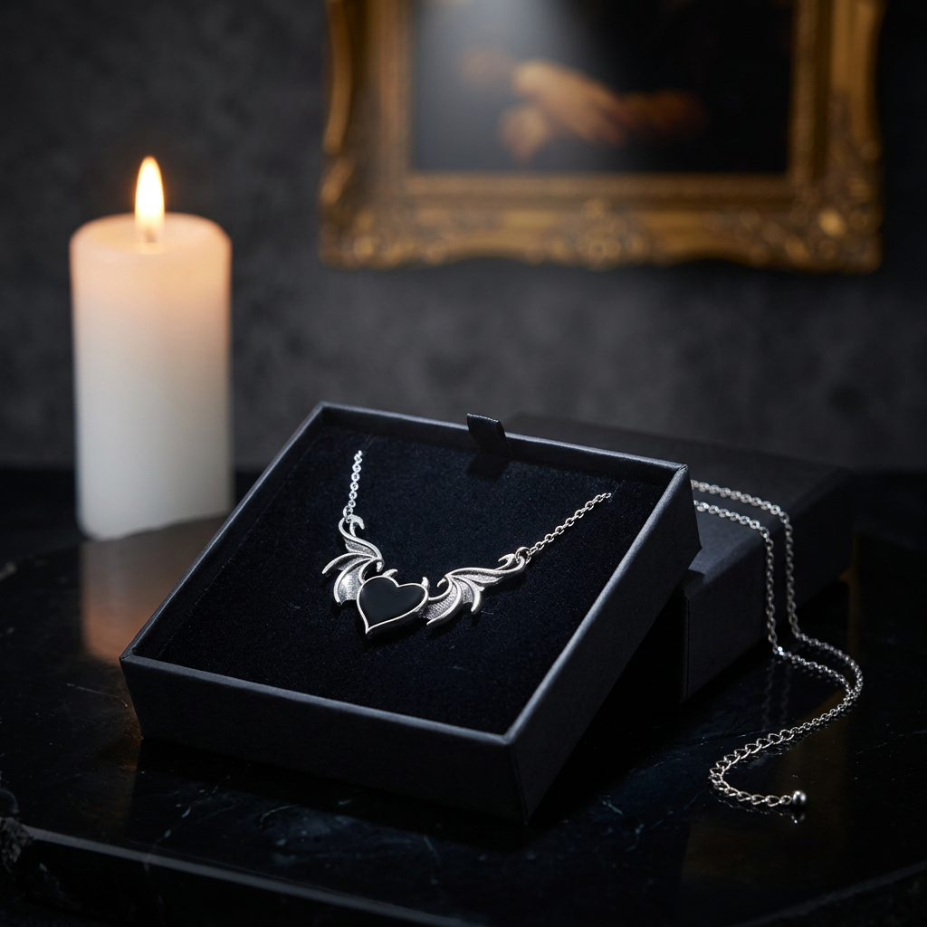 Gothic black heart bat wing pendant necklace with silver chain displayed in open black velvet gift box, styled in candlelit dark gothic interior with ornate gold frame — Shadow Realm Supply