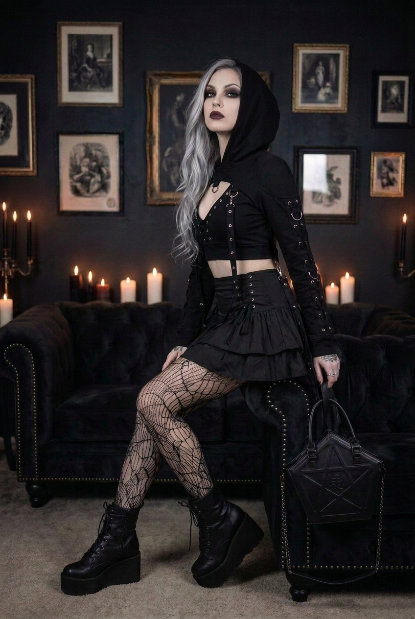 Goth model with silver-gray hair seated on black velvet sofa wearing black lace-up crop hoodie with O-ring hardware, layered ruffle mini skirt, spiderweb fishnet tights and platform combat boots, holding black pentagram tote bag, front view in candlelit gothic interior — Shadow Realm Supply