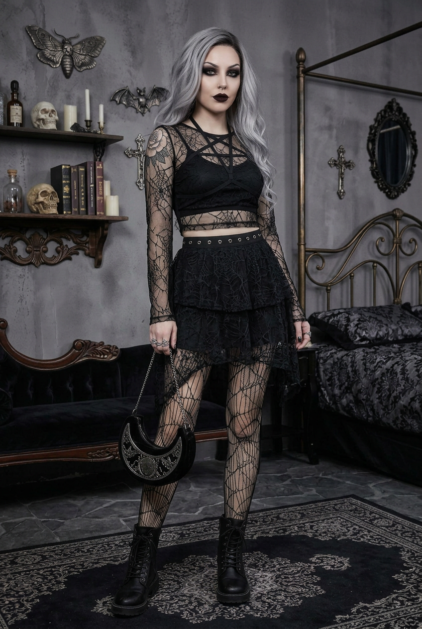 Goth model with silver-gray hair wearing black layered spiderweb lace mini skirt with grommet waistband, paired with black pentagram mesh crop top, spiderweb fishnet tights and platform combat boots, holding black crescent moon bag, full body shot in gothic bedroom — dark aesthetic alt fashion skirt — Shadow Realm Supply