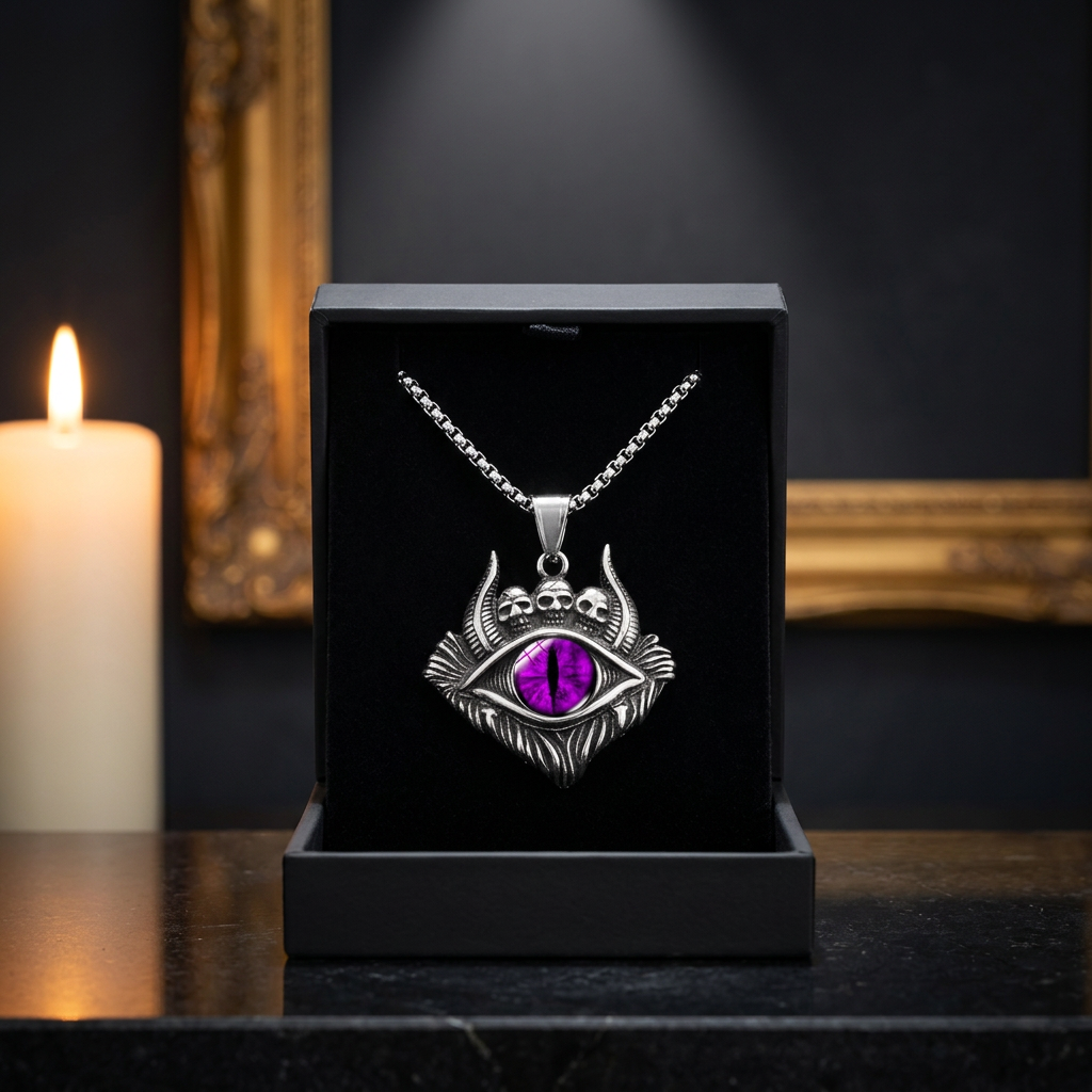 Devil eye purple skull pendant necklace gothic titanium — close-up product shot on dark display counter background
