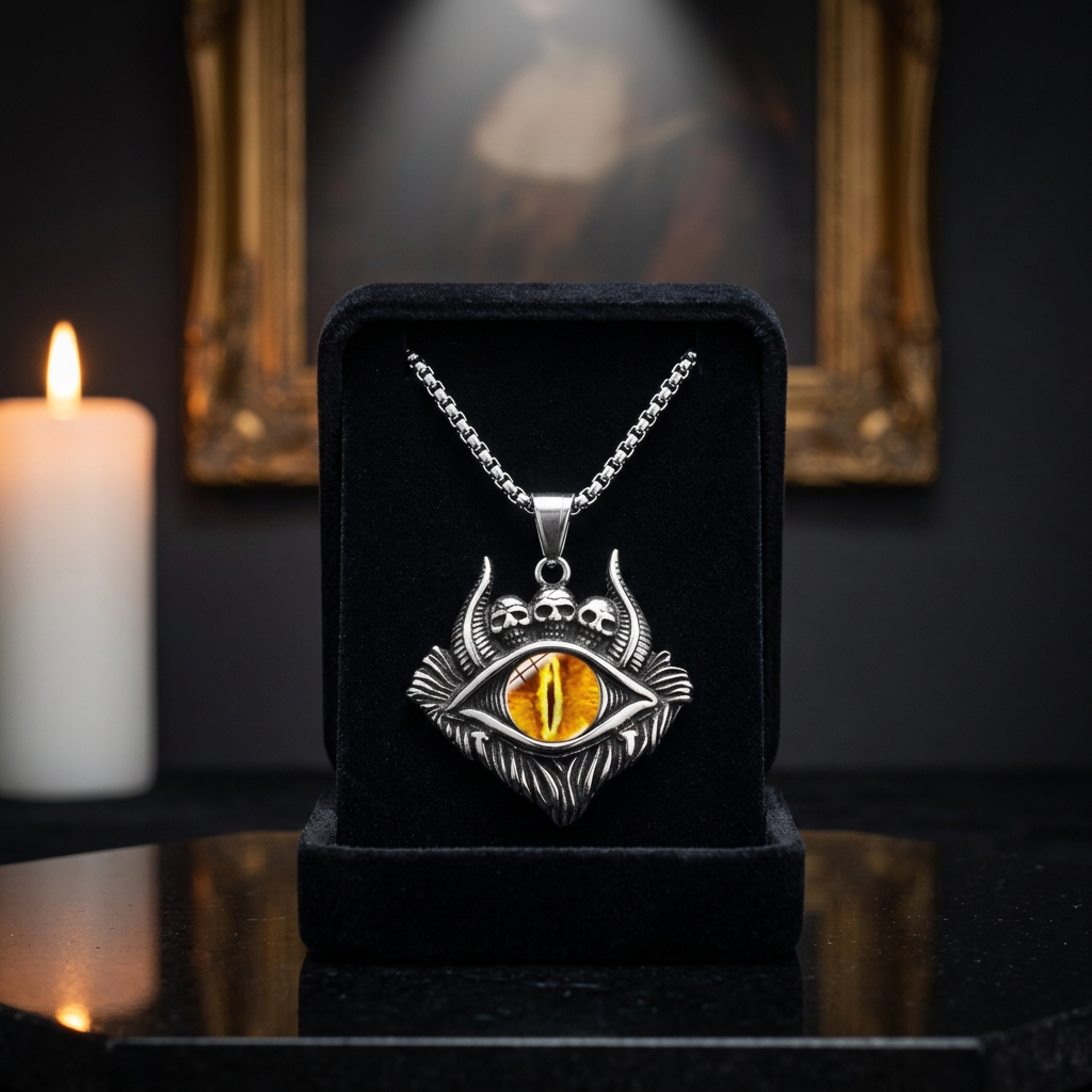 Devil eye yellow skull pendant necklace gothic titanium — close-up product shot on dark display counter background