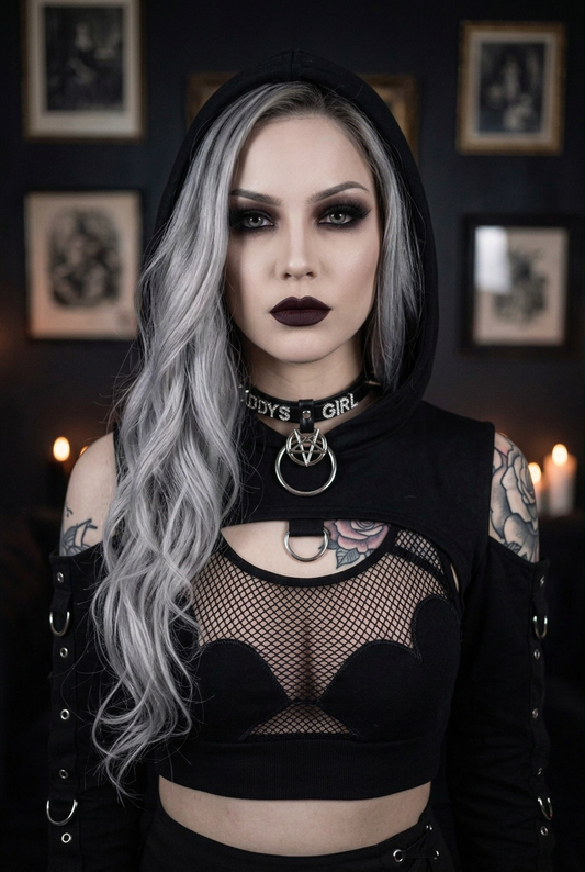 Goth model with silver-gray hair wearing black gothic crop hoodie with bat wing fishnet mesh panel, O-ring hardware and pentagram choker, hood up, front view in candlelit gothic interior — dark aesthetic alt fashion top — Shadow Realm Supply