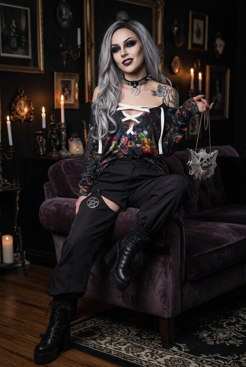 Goth model with silver-gray hair and tattoos seated on mauve velvet sofa wearing colorful gothic skull floral print tie-front sweatshirt with black cargo pants and platform combat boots, holding crystal rhinestone bat skull clutch, in candlelit gothic interior — Shadow Realm Supply