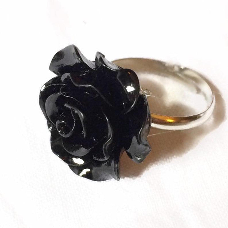 Vintage Gothic Black Flower Adjustable Resin Ring