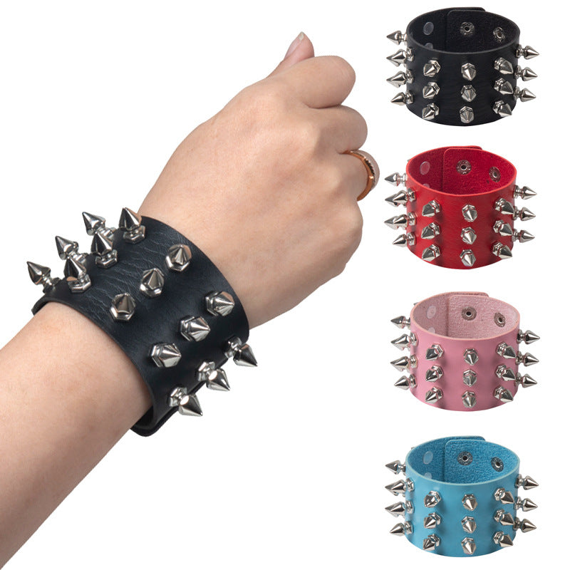 Gothic Leather Bracelet with Punk Rivet Design