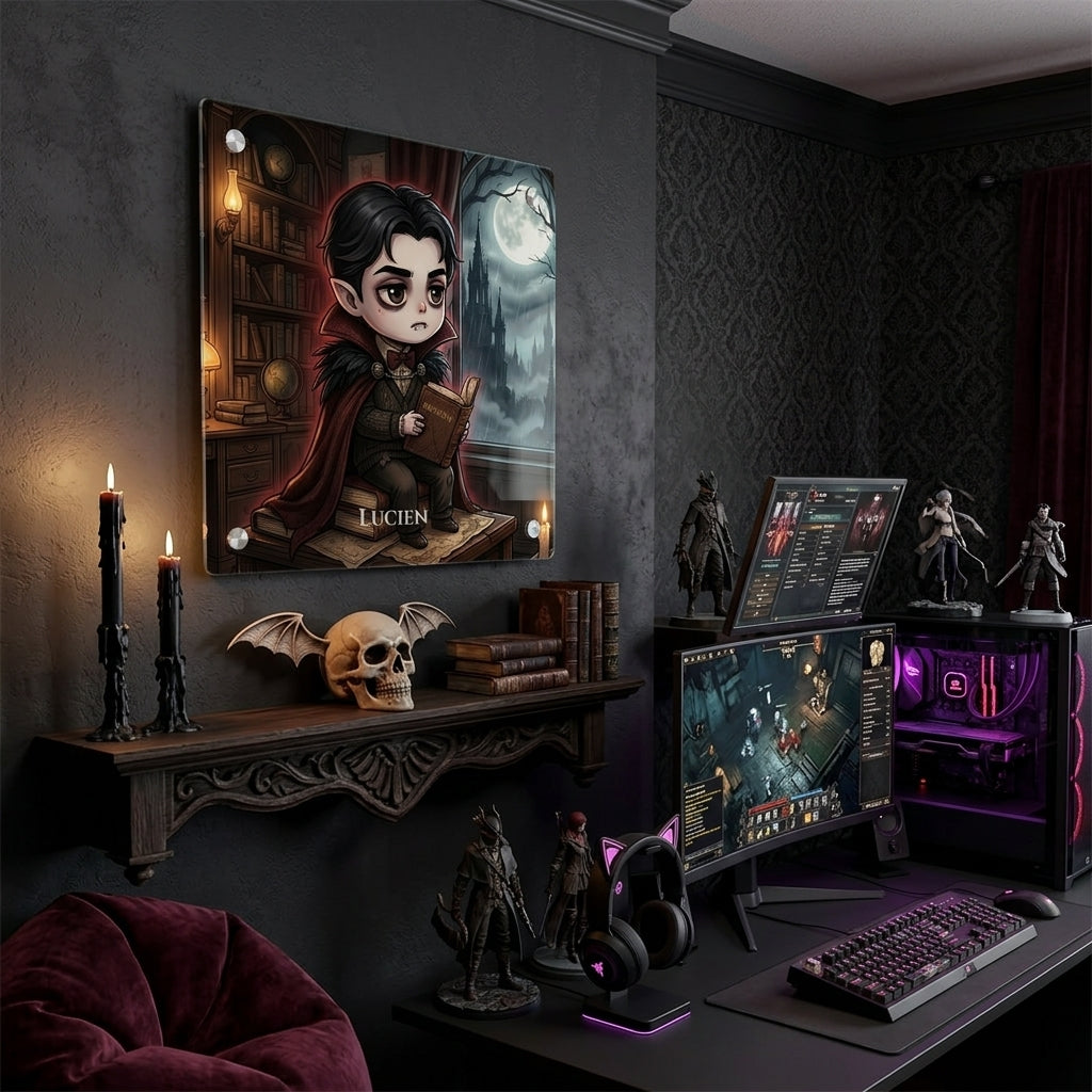 Vampire Lucien Acrylic Wall Art Panel — Gothic Chibi Vampire Decor | Dark Fantasy Moonlit Wall Art