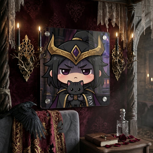 RAVEN Chibi Dark Mage Acrylic Wall Art Panel — Gothic Fantasy Witch Decor | Alt Aesthetic Wall Art