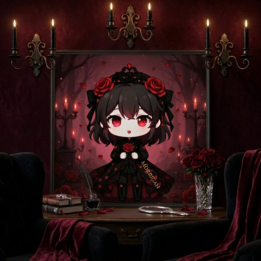Morrigan Gothic Rose Chibi Poster — Dark Kawaii Wall Art | Cute Dark Aesthetic Art Print