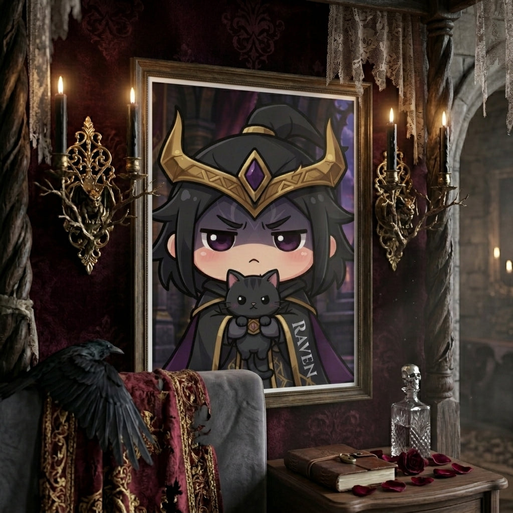 Chibi Dark Mage Raven & Black Cat Art Print — Gothic Fantasy Poster | Witchy Wall Decor