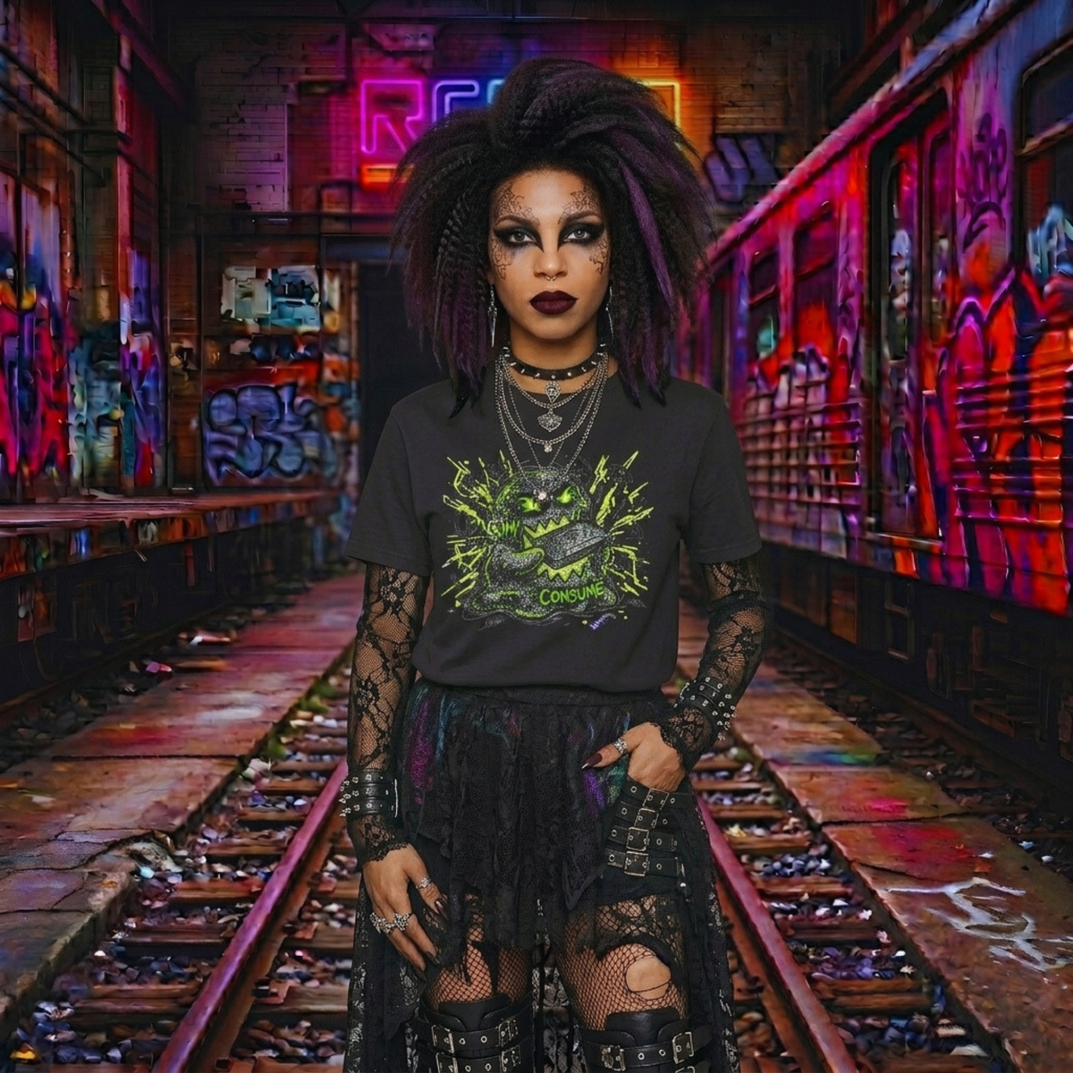 Glitch Monster “Consume” Graphic Tee — Horror Alt Fashion Shirt | Dark Aesthetic Unisex Top