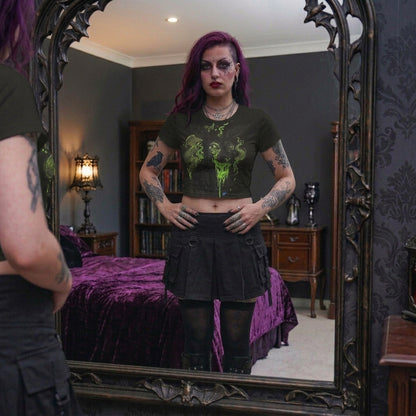 Neon Green Gothic Skull Crop Tee — Dark Aesthetic Graphic Top | Alt Fashion Spooky Cute Shirt