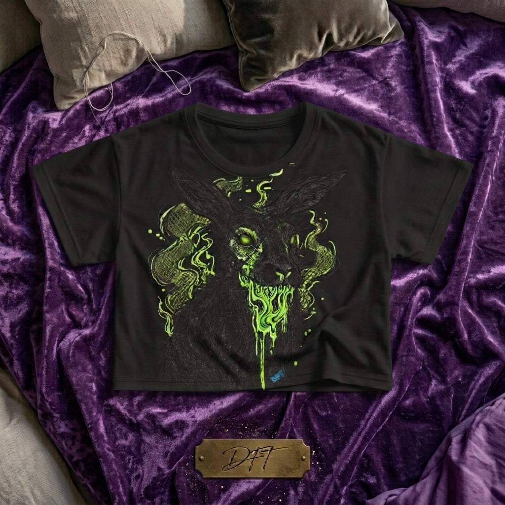 Neon Green Gothic Skull Crop Tee — Dark Aesthetic Graphic Top | Alt Fashion Spooky Cute Shirt