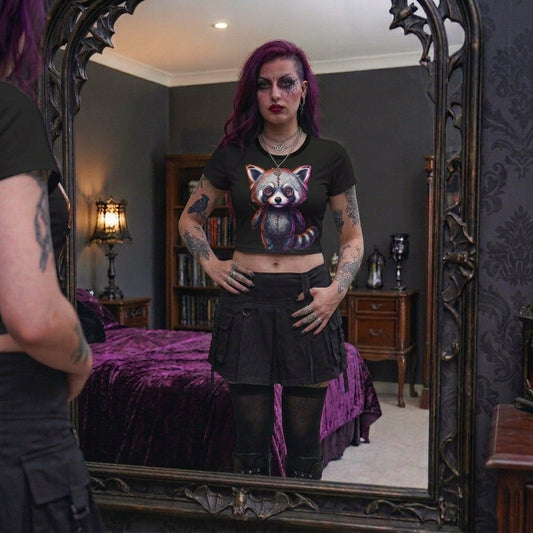 Alt Fashion Trash Panda Crop Tee | Spooky Cute Cropped Top