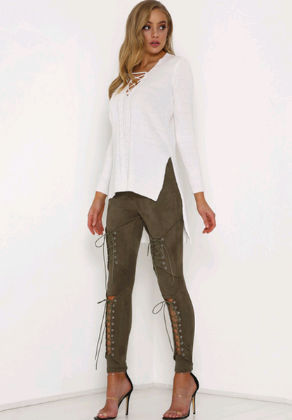 Lace-Up Suede Long Pants