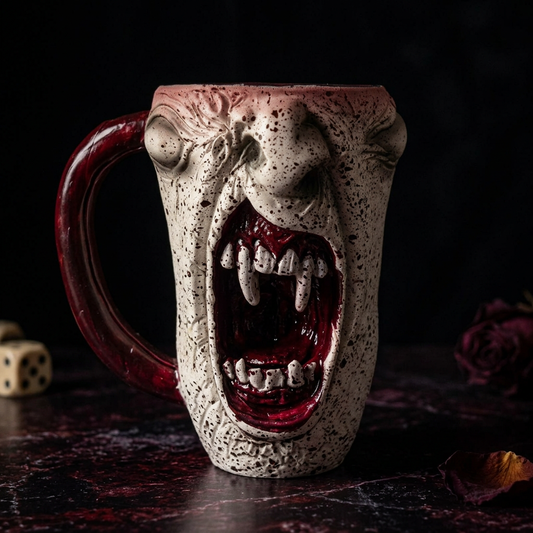 3D skull mug with screaming fanged face on dark moody background