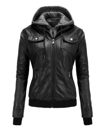 Women's Hooded Faux Leather Jacket with Fleece Lining