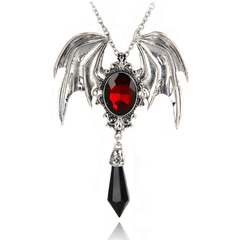 Gothic Necklace with Victorian Bat Wings and Gemstone