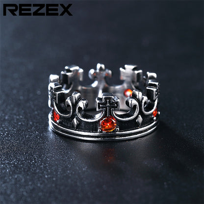Gothic Titanium Steel Vintage Ring with Ruby Crown