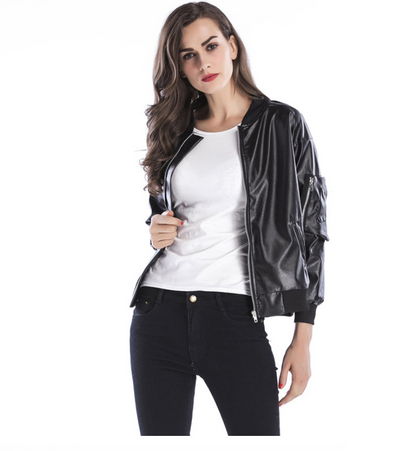 Women's Black Leather Jacket with Stand Collar