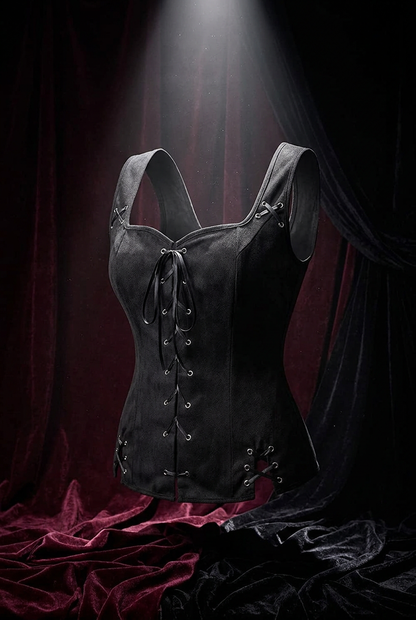 A black suede lace-up corset top with silver grommets and ribbon lacing, ghost mannequin display, dark burgundy velvet background with dramatic spotlight, gothic fashion editorial.
