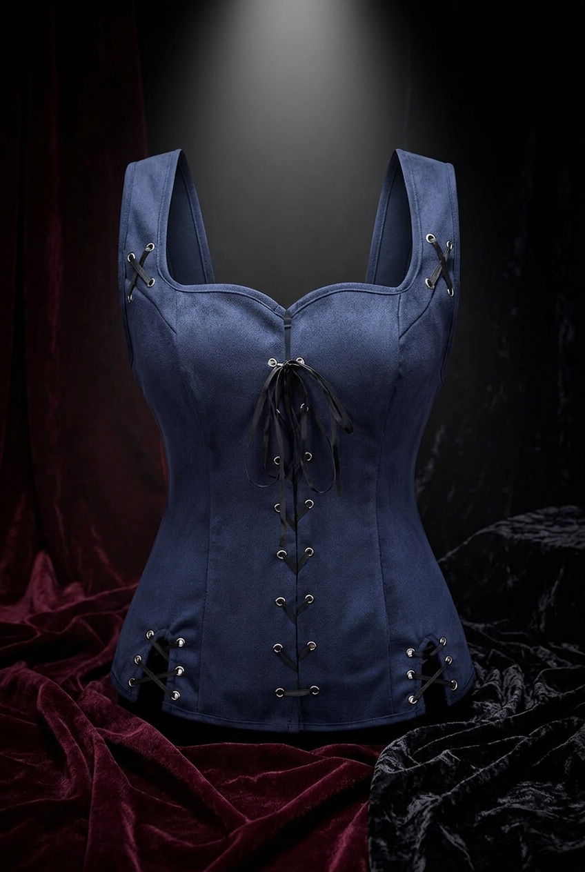 A navy blue suede lace-up corset top with silver grommets and black ribbon lacing, ghost mannequin display, dark burgundy velvet background with dramatic spotlight, gothic fashion editorial.
