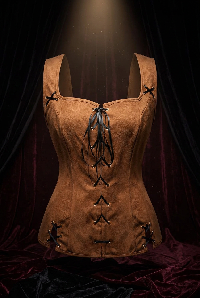 A tan suede lace-up corset top with gold grommets and black ribbon lacing, ghost mannequin display, dark burgundy velvet background with dramatic spotlight, gothic fashion editorial.