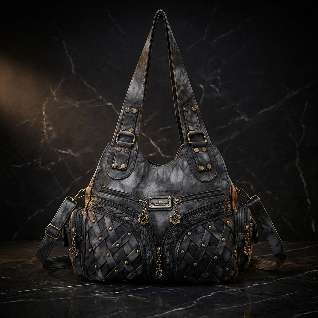 Angel Barcelo distressed dark gothic hobo shoulder bag with woven leather panels, antique brass studs and charm zipper pulls, dual top handles and removable crossbody strap, front view on black marble surface — dark aesthetic alt fashion handbag — Shadow Realm Supply