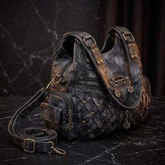 Angel Barcelo distressed dark gothic hobo shoulder bag with woven leather panels, antique brass studs and charm zipper pulls, side angle view showing removable crossbody strap and multiple zip pockets on black marble surface — dark aesthetic alt fashion handbag — Shadow Realm Supply