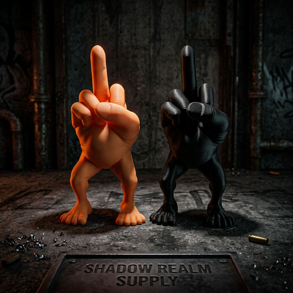 Black and orange middle finger resin figurine sculptures on dark concrete — bold novelty desk decor — Shadow Realm Supply