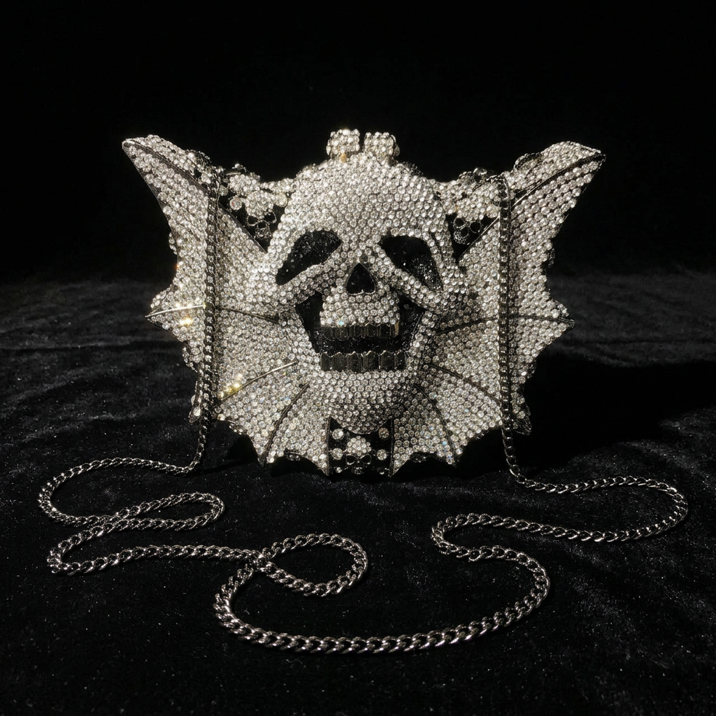 Crystal rhinestone skull bat wing clutch evening bag with silver chain strap, front view on black velvet surface — gothic alt fashion statement bag — Shadow Realm Supply