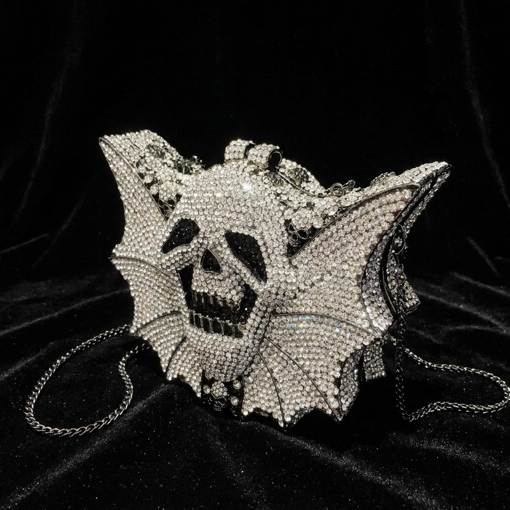 Crystal rhinestone skull bat wing clutch evening bag with silver chain strap, side angle view on black velvet — gothic Halloween luxury bag — Shadow Realm Supply
