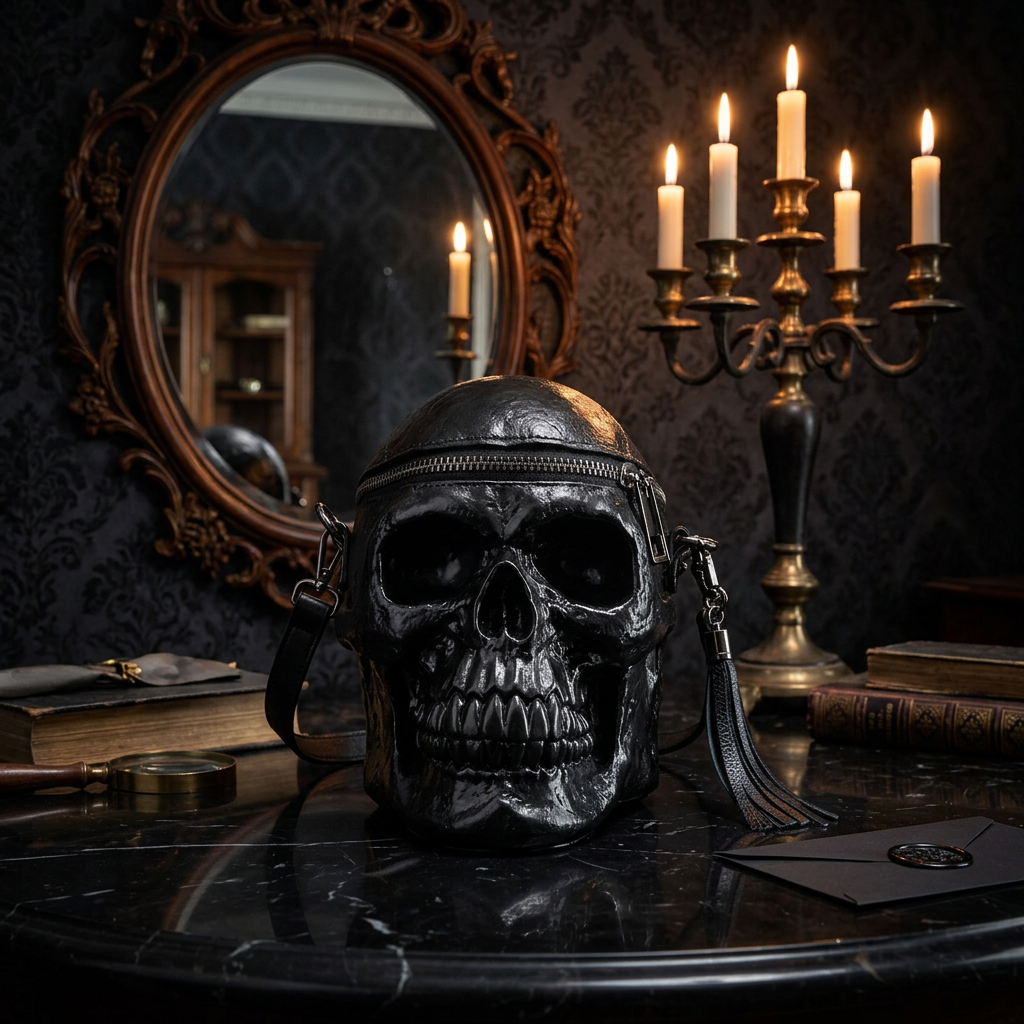Glossy black 3D skull head crossbody bag with tassel zipper on dark marble in gothic manor with candles and ornate mirrors — Shadow Realm Supply