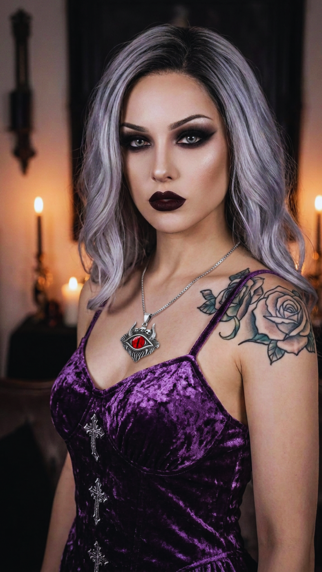 Gothic red heart pendant necklace worn by a woman with silver-gray hair, dark eye makeup, and black lipstick in a purple velvet dress, posed in a candlelit gothic interior