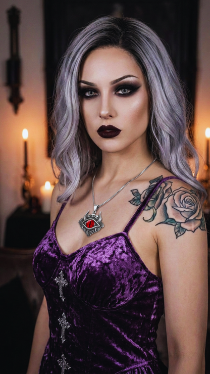 Gothic red heart pendant necklace worn by a woman with silver-gray hair, dark eye makeup, and black lipstick in a purple velvet dress, posed in a candlelit gothic interior